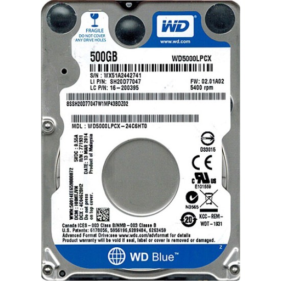 WD BLUE 2.5 500GB 32MB 5400RPM WD5000LPCX WD BLUE 2.5 500GB 32MB 5400RPM WD5000LPCX